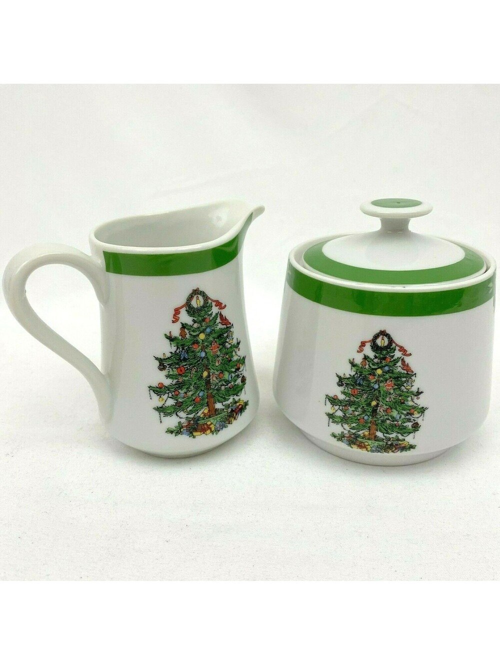 Yule Tide Georges Briard Sugar Bowl and Creamer Christmas Tree Green Ribbon